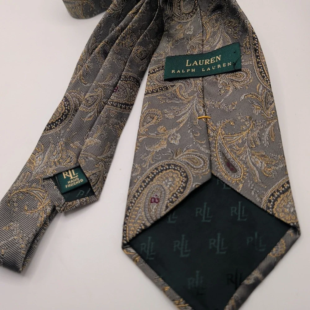 Lauren Ralph Lauren Tie Mens Grey Paisley Classic Silk Hand Finished Woven